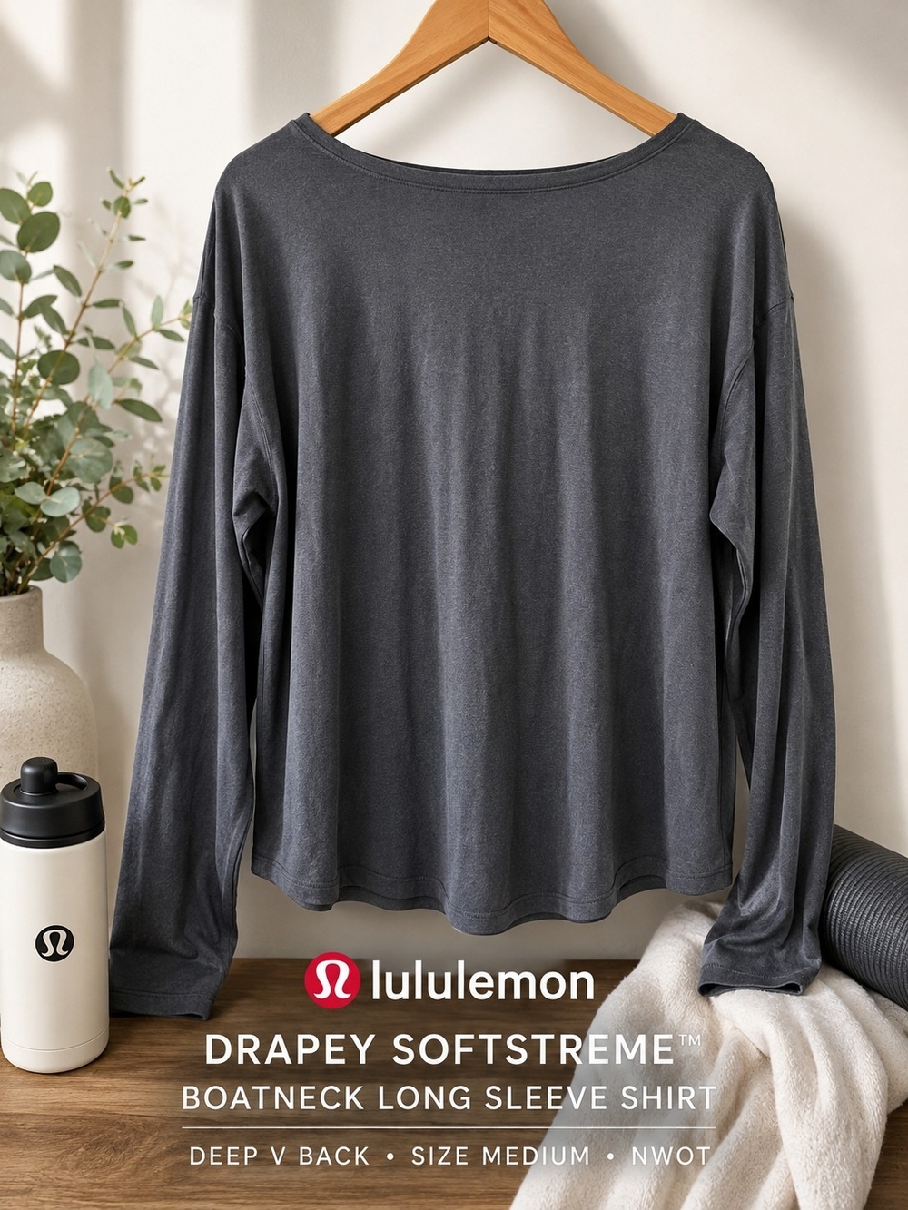 Lululemon Drapey Softstreme Boatneck Long Sleeve Shirt M Gray NWOT